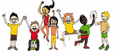 Die Zeichnung zeigt viele Kinder mit unterschiedlichen Hautfarben, ein Kind sitzt im Rollstuhl. Sie lachen und haben Spaß zusammen. 