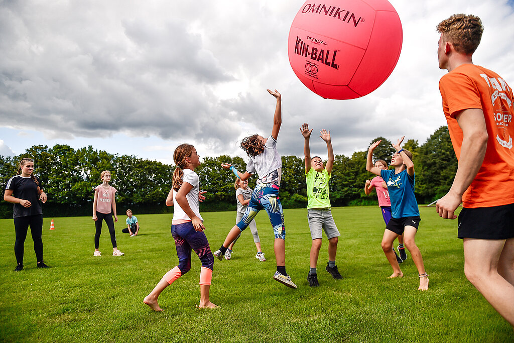 [Translate to Leichte Sprache:] Kinder spielen auf einer Wiese mit einem Ball. 