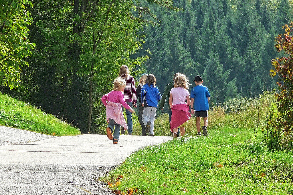 Kinder auf einem Weg in den Wald.